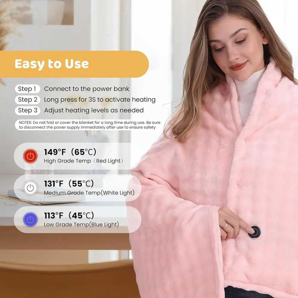 Portable Electric Heated Blanket with 20000mAh Battery 59x355 3 Heat Levels Pink Y251212