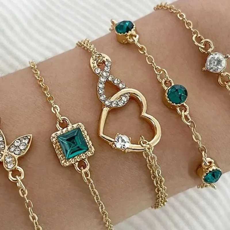 5 PCS Set Hallow Out Heart Green Crystal Stone Set For Women Gold Color Lovely Butterfly Rhinestone Girls Set M251213