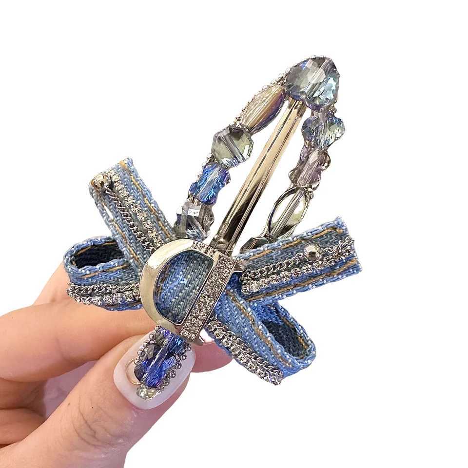 Shiny Diamond Denim Crystal Hair Clips Spring Clips Popular Blue Gemstone Crown Rhinestone Hairgrips Girl Bangs Clips Headdress Y251213