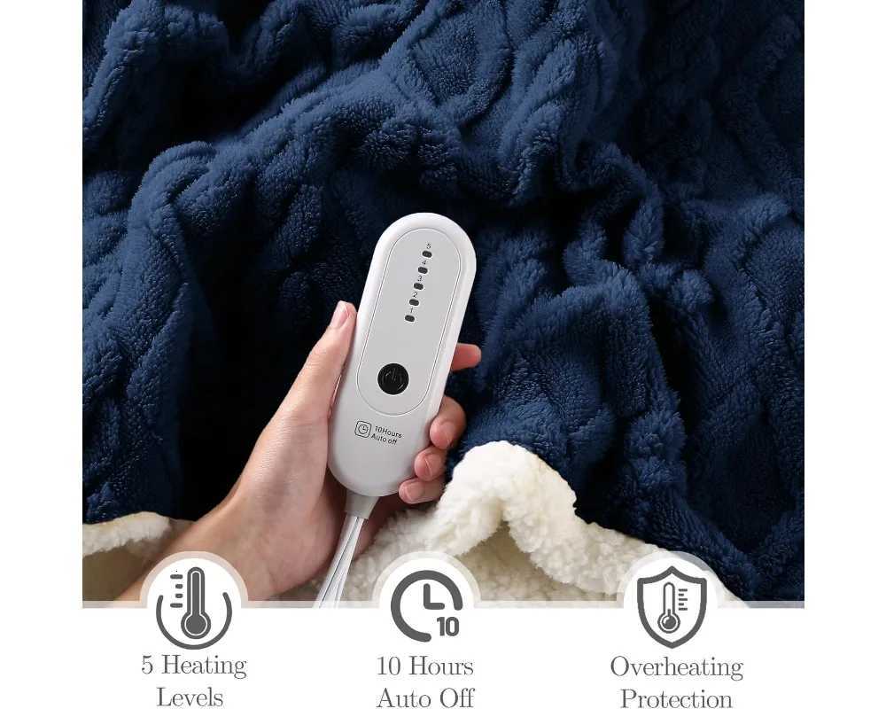 Twin Size Electric Heating Blanket with 10-Hour Auto Off 5 Heat Levels Overheat Protection in Navy Blue Y251212
