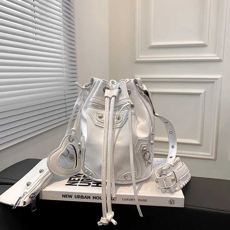 2025 Hardware Punk Crossbody Bag for Women Studded Drawstring Bucket Bag Edgy Shoulder Purse with Mirror Wallet 2 Pcs SetT251213