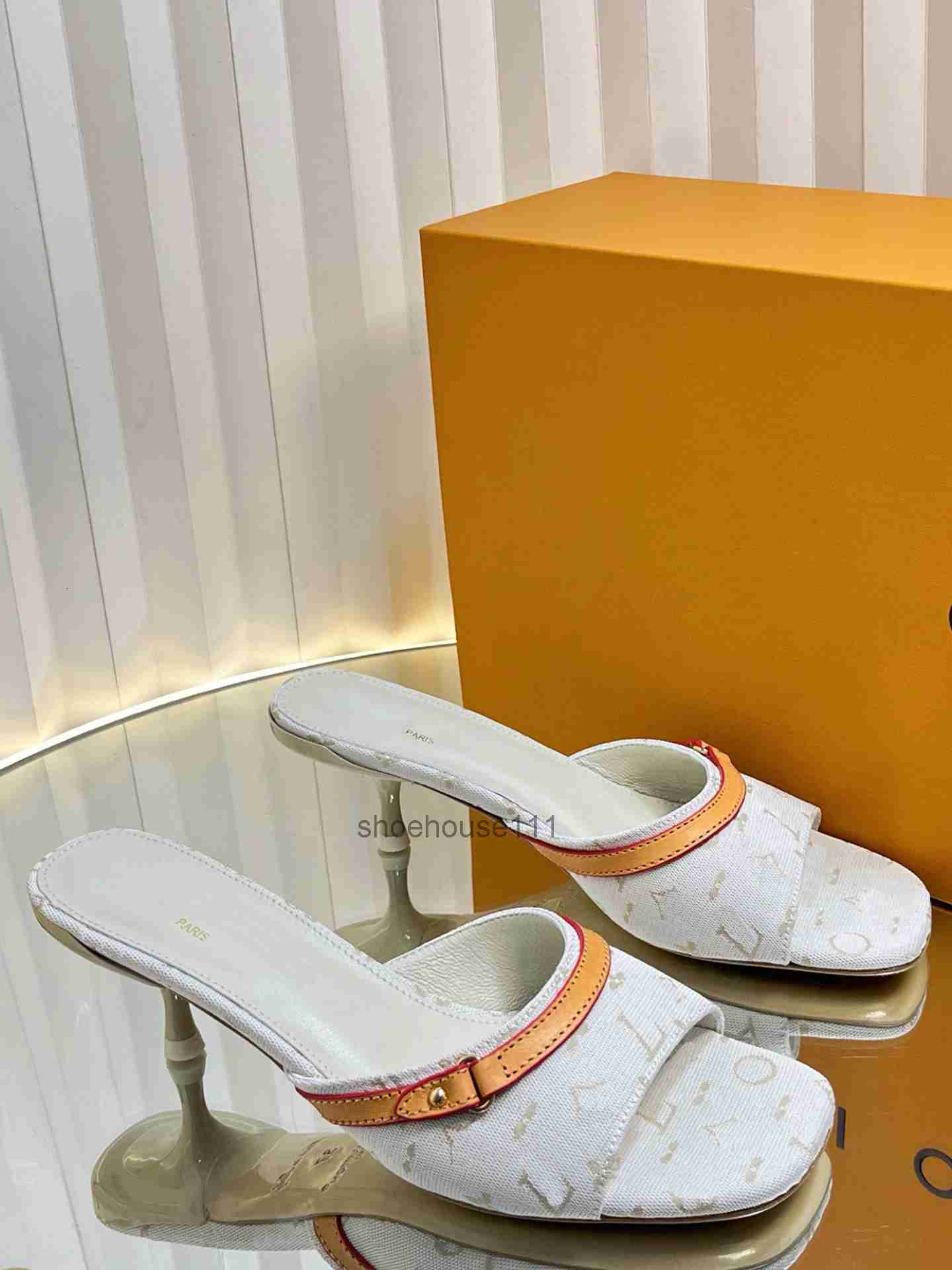 Slippers 6AM Mule Monogram denim Leather outsole Ladies high heeled sandals gold toned stud Ladies casual sandals with box