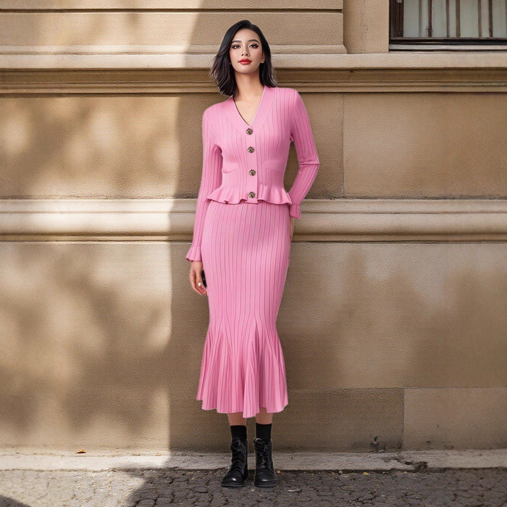 French V-neck Ruffled Long Sleeve Cardigan Bodycon Mermaid Long Dress Stretch Knit Two-piece Set for Women