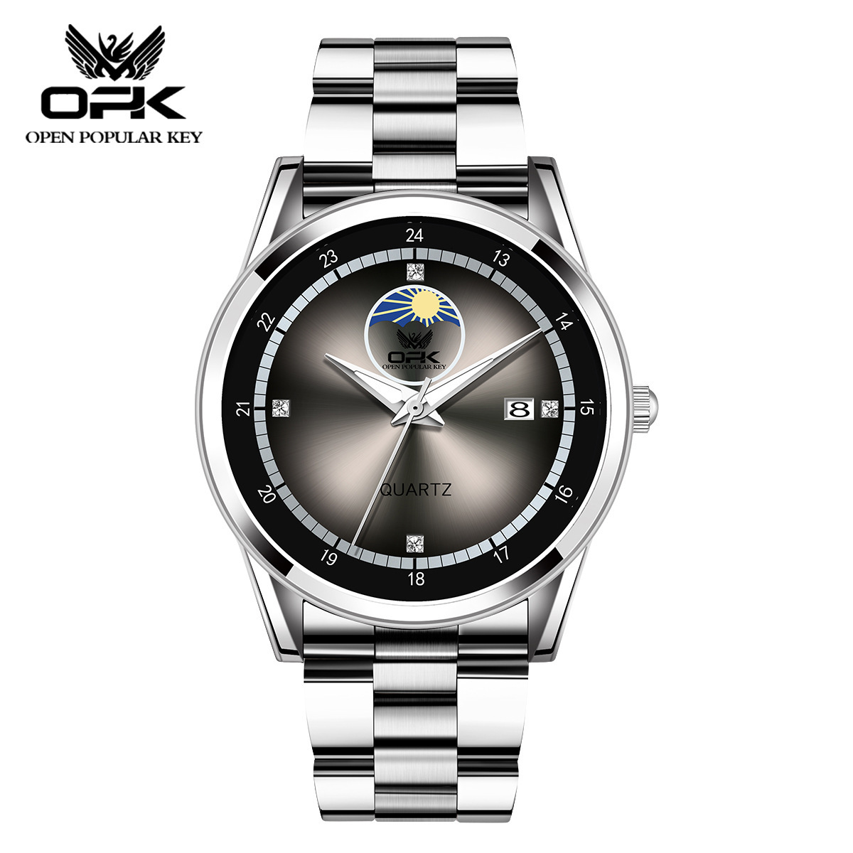 OPK Designer Men's Watch Waterproof Casual Outdoor Sports Fake Moon Phase Men's Watch Steel Band Calendar Luminous Quartz Watch