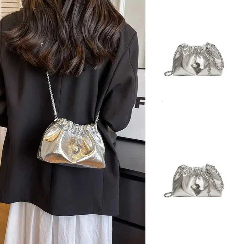 Summer High-End Sense Niche And Versatile Diagonal Chain Bag WomenS 2025 New Silver Drawstring Bucket Bag Cloud Bag GiftT251213