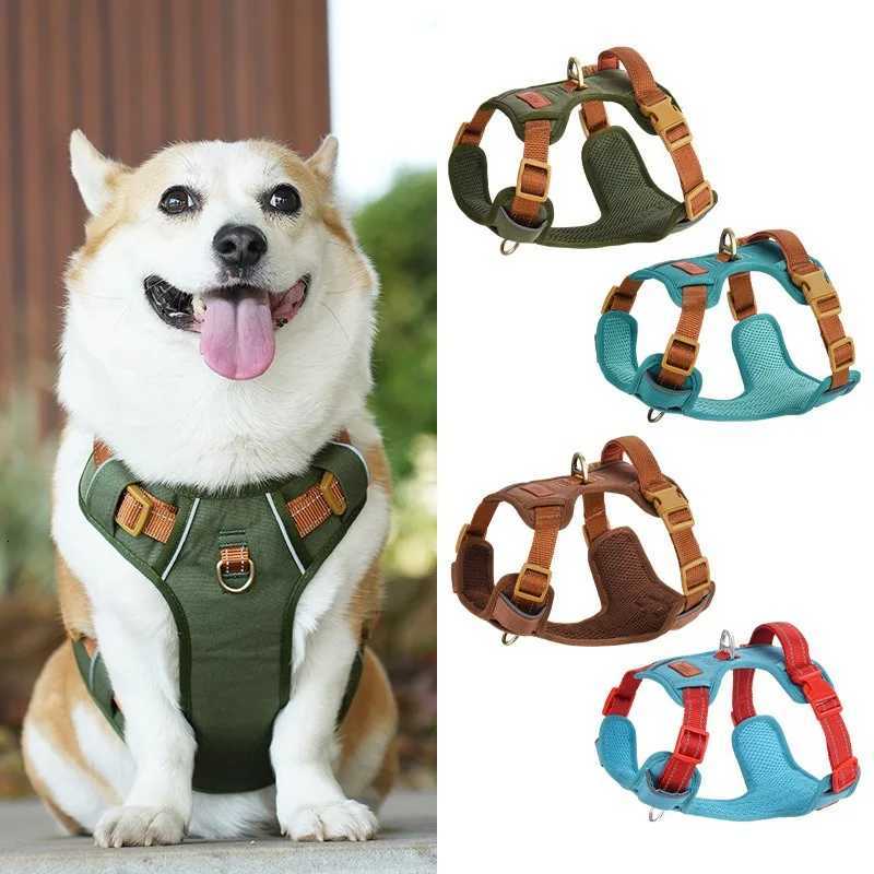 Pet Adjustable Vest Harnesses Soft Mesh Fabric Pete PU Leather Strap Explosion-proof Punch Reflective Strip Type Dog Chest Strap M251213