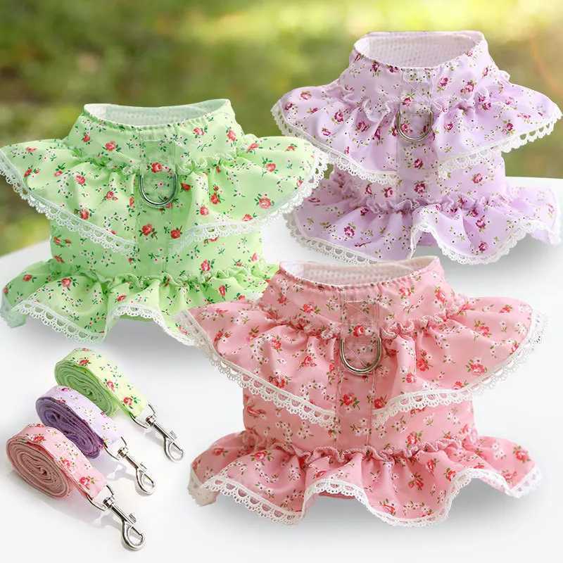Dog Harness Dresses for Small Dogs Cute Floral Puppy Dress Leash Girl Bow Puppy Princess Dress with D-Ring Soft Mesh Pet Dress M251213