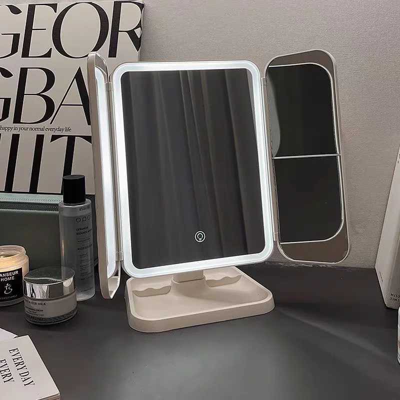 3 Lights Dimmable LED Makeup Mirror with Touch Screen Fold Cosmetic Makeup Mirror Rechargeable Tabletop for Travel Home UseT251213
