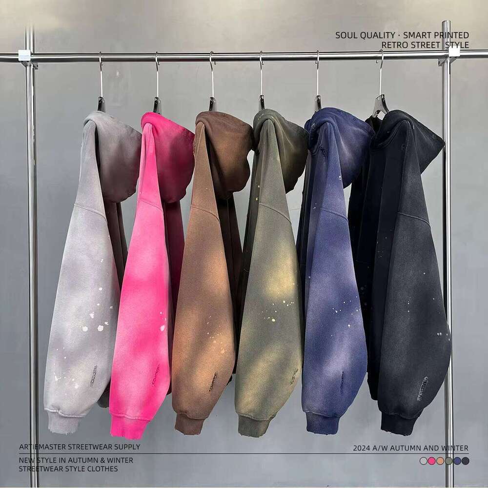 High Quality 420g Spray Dyeing Splash Ink Tear Distressed Hoodie Men's Street Retro Unisex Hoodies