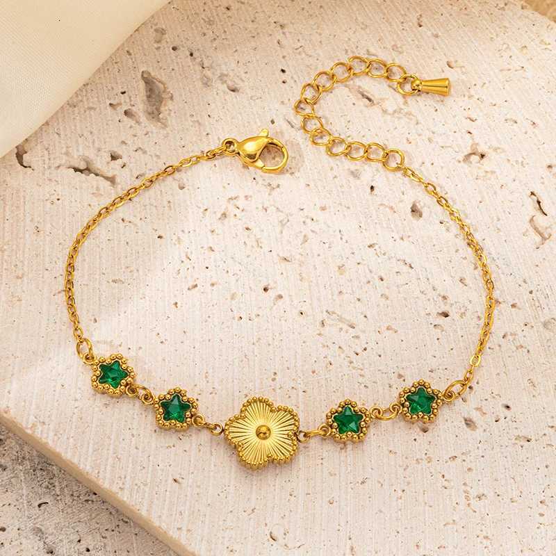 ANENJERY 316L Stainless Steel Lucky Flower Green White Zircon Jewelry For Women French Vintage New Jewelry Gifts M251213