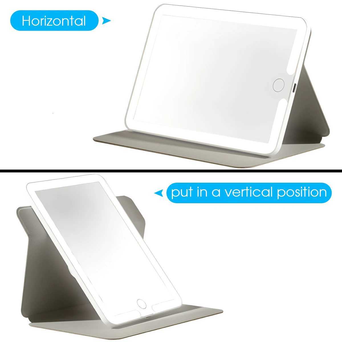 LED Foldable Travel Makeup Mirror 3 Colors Light Modes USB Rechargeable Touch Screen Portable Tabletop Cosmetic Mirror WhiteT251213
