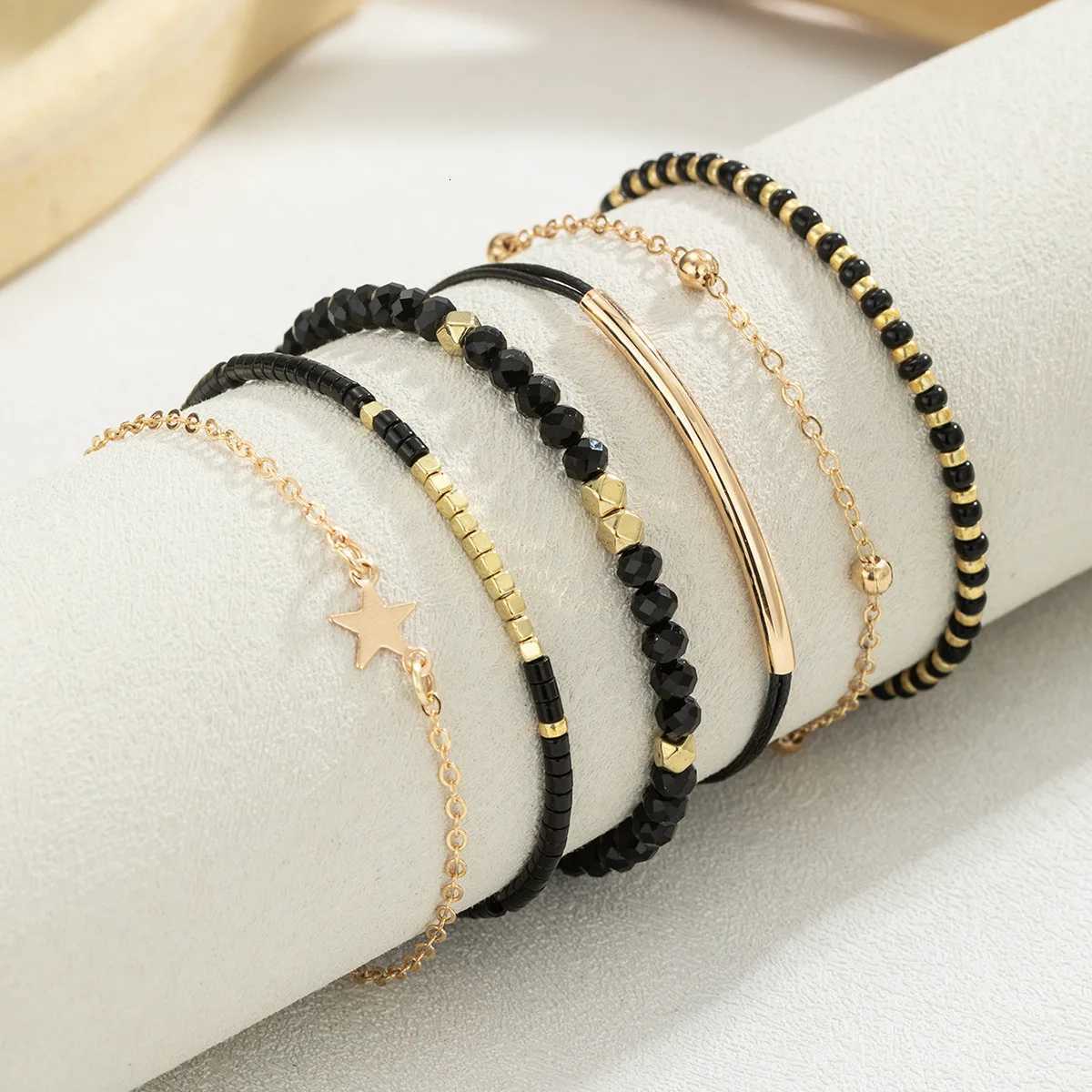 6Pcs Black Beads Chain Set For Women Gold Color Star Charm Elastic Bangle Female Fashion Jewelry Gift M251213