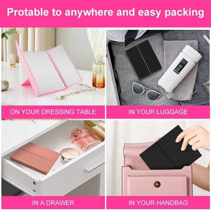Portable LED Three Sided Makeup Mirror Folding Design Travel Vanity Cosmetic Mirror with Adjustable Stand for On-The-Go BeautyT251213
