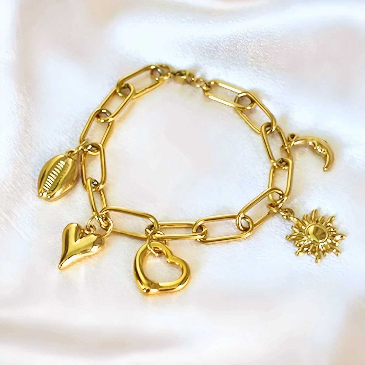 Stainless Steel Metal Gold Plated Sun Moon Heart For Women Trendy Wrist Chain Handmade Jewelry Gift Party M251213