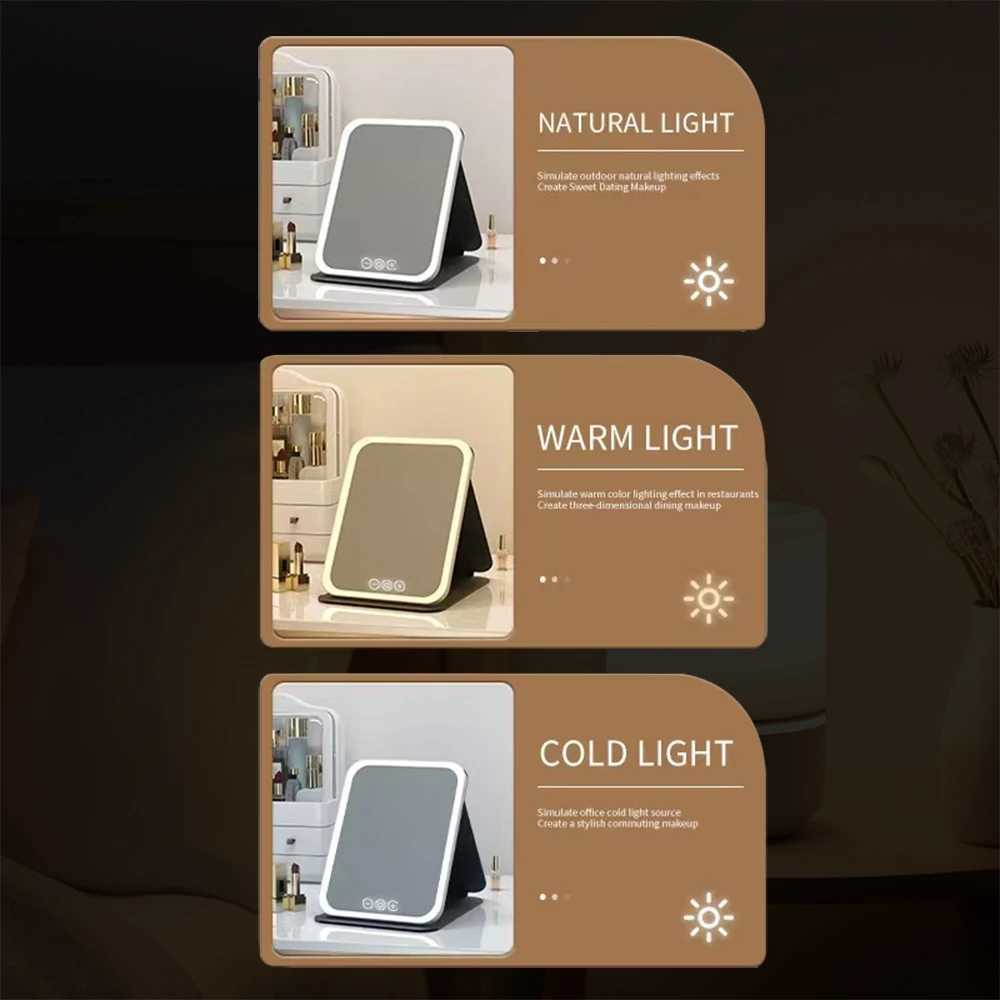 LED Makeup Mirror 3 Colors Light Portable Vanity with Adjustable Brightness USB Charging Foldable for Travel And Home UseT251213