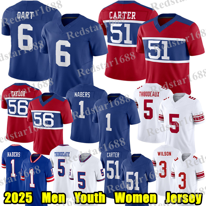 #1 Malik Nabers Football Jersey #6 Jaxson Dart Abdul Carter Kayvon Thibodeaux Lawrence Taylor Dexter Lawrence Theo Johnson Thomas Russell Wilson Cam Skattebo jerseys