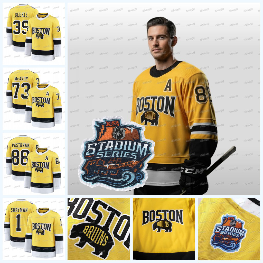 Bostons Bruins 2026 Stadium Series Hockey Jersey 88 David Pastrnak Charlie McAvoy Jeremy Swayman Mason Lohrei Nikita Zadorov Morgan Geekie Custom