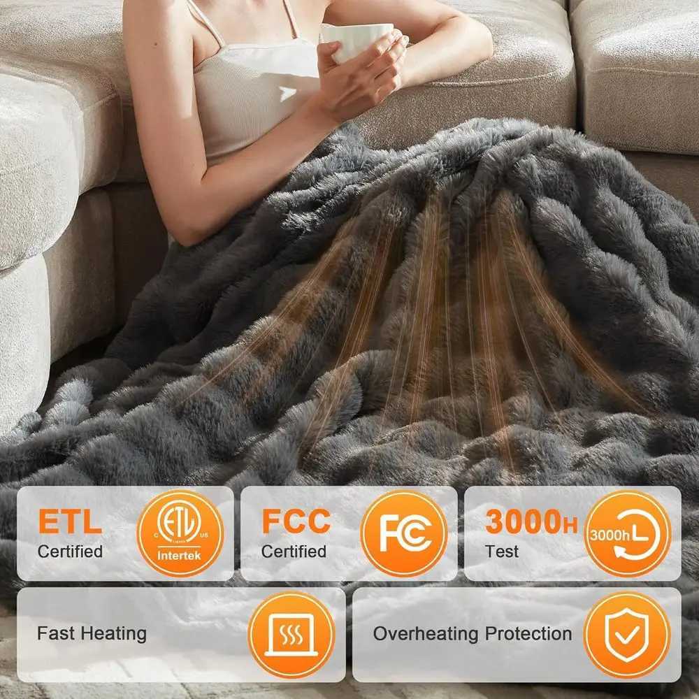 Twin Size Plush Faux Fur Electric Blanket with 6 Heat Levels 10-Hour Auto-Off Machine Washable 62x84 Dark Grey Y251212