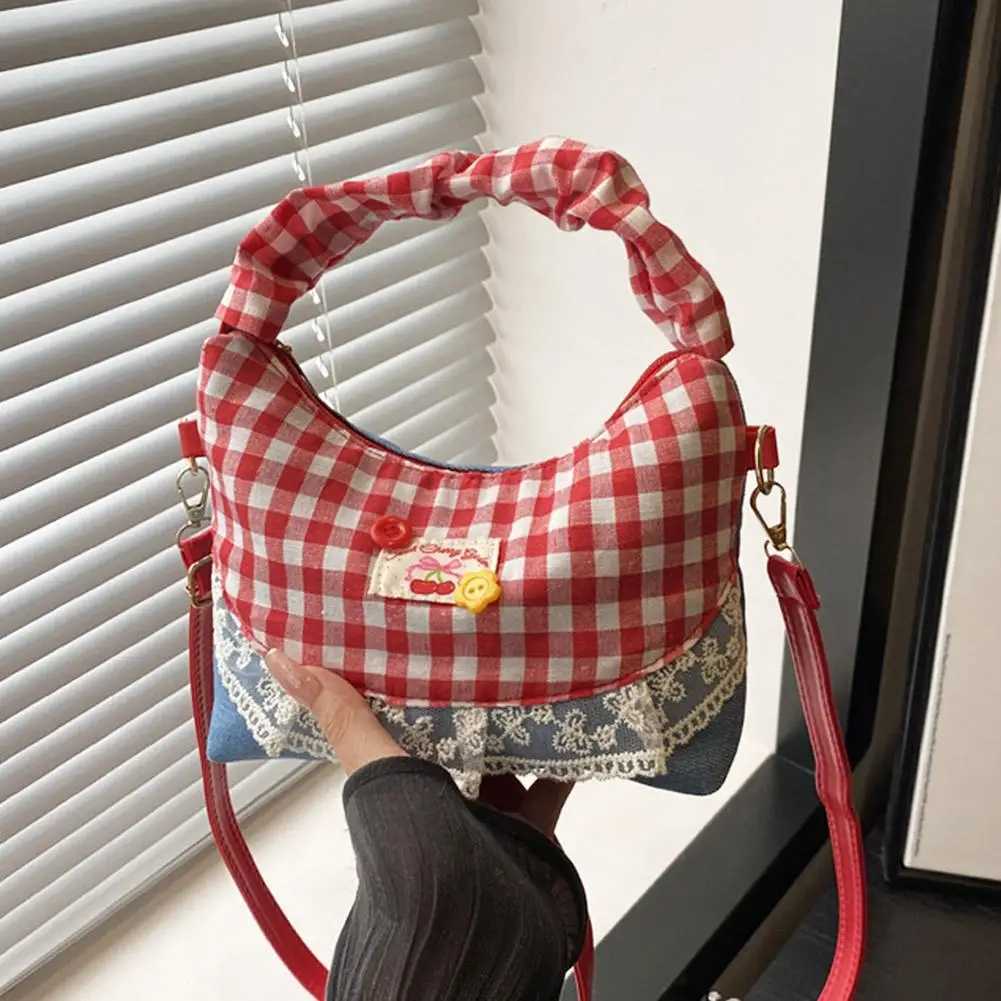 New Lace Plaid Patchwork Handbag French Bow Underarm Bag Small Versatile Cute Sweet Canvas Shoulder Bag Fashion Crossbody BagT251213