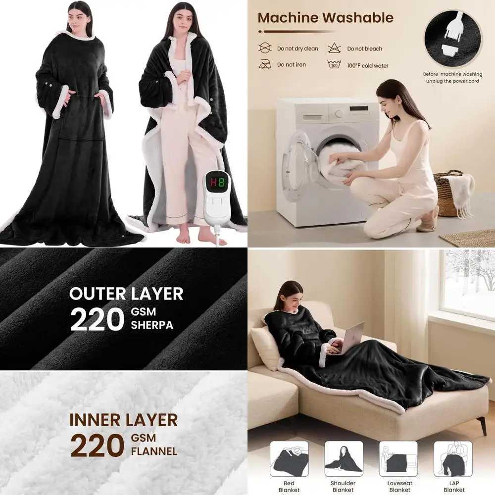 Sleeved Electric Heated Blanket with Foot Pockets - 10-Level Adjustable Auto-Off Flannel Robe for Adults 50x75 Black Y251212