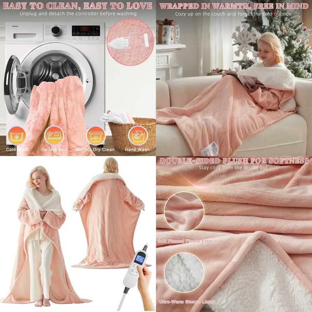 Wearable Electric Blanket with Foot and Sleeve Pockets 10 Heat Settings Auto-Off 50x70 Pink Flannel Sherpa Throw Y251212