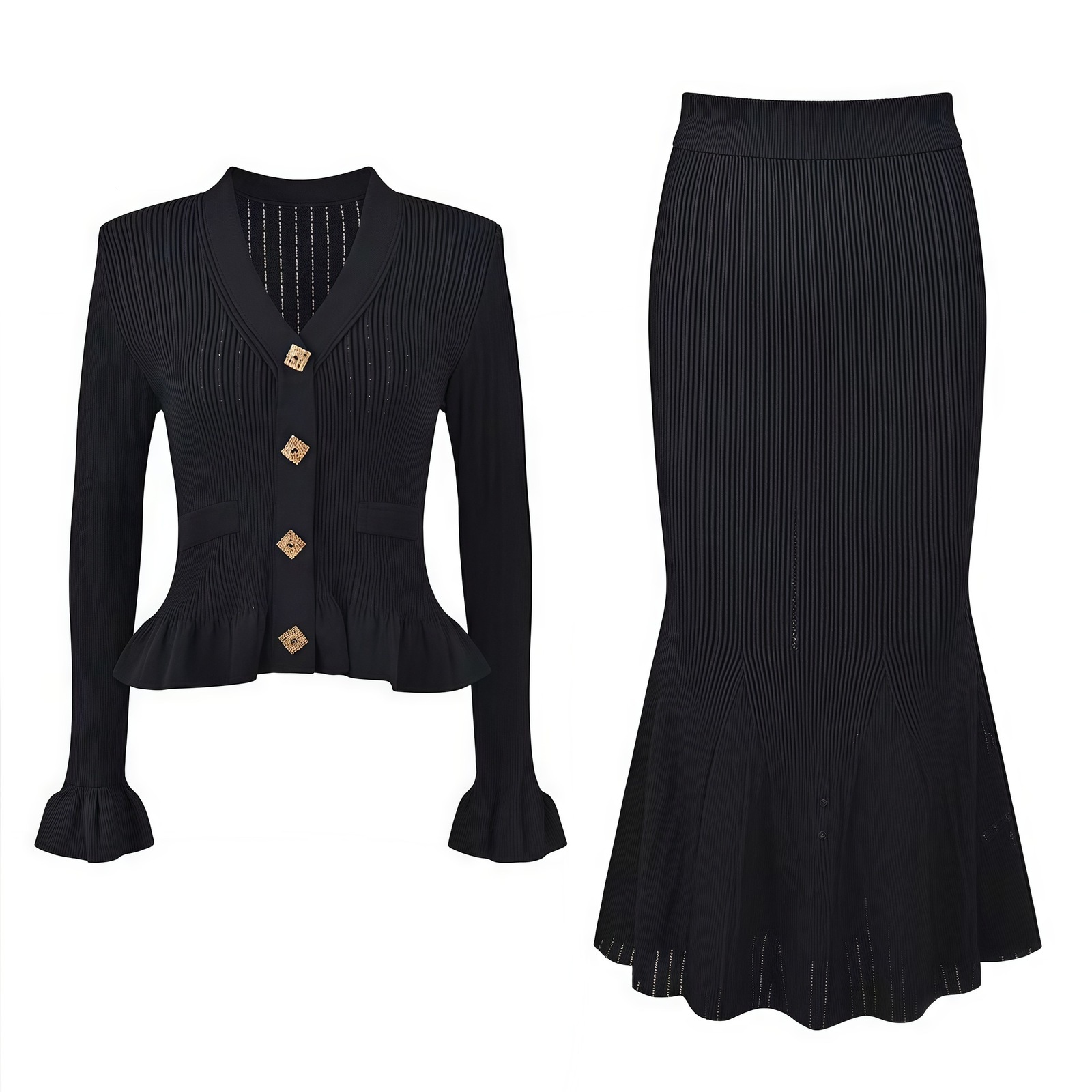 French V-neck Ruffled Long Sleeve Cardigan Bodycon Mermaid Long Dress Stretch Knit Two-piece Set for Women