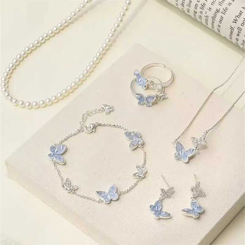 Fashion Silver Color Crystal Butterfly Jewelry Set Adjustable Earrings Necklace Ring for Women Handmade New Year Gift M251213