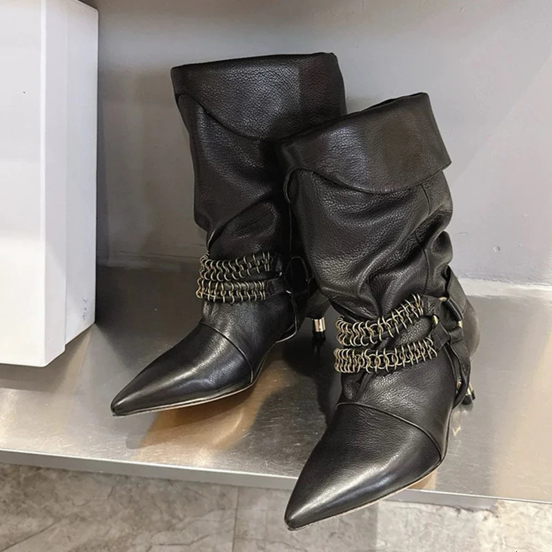 Liyke Fashion Chain Metal Buckle Mid Calf Boots Woman Vintage Pointed Toe Strange Low Thin Heel Autumn Winter Ladies Shoe 251212