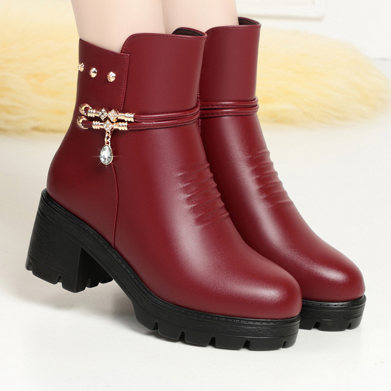 Free Shipping 2025 Genuine Soft Leather Women's Winter Boots, Plush Lined Chunky Mid Heel Thermal Ankle Boots Comfortable & Warm
