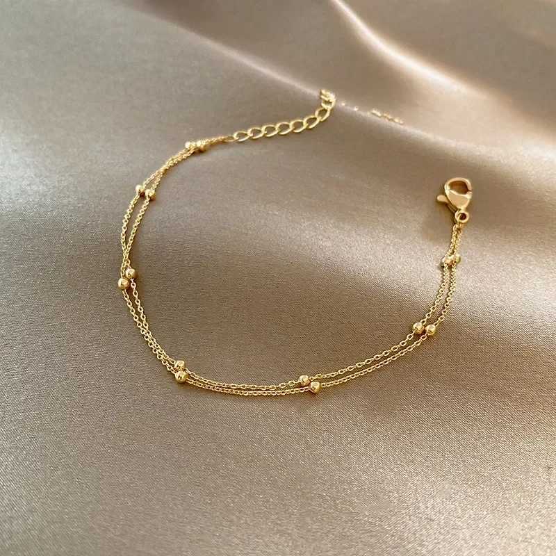 Trendy Double Layers Small Round Beads Womens Hand s Gold Color Chain Simple Female Ball Jewelry M251213