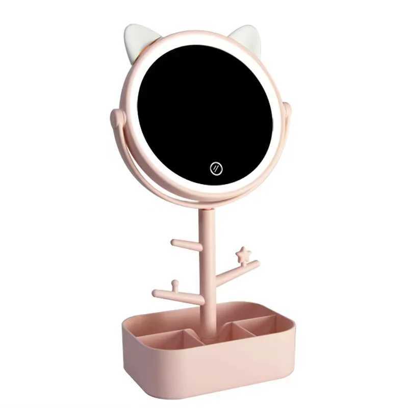 Ears LED Makeup Mirror With Light Lamp With Storage Desktop Rotating Cosmetic Mirror Light Adjustable Dimming USB Vanity MirrorT251213