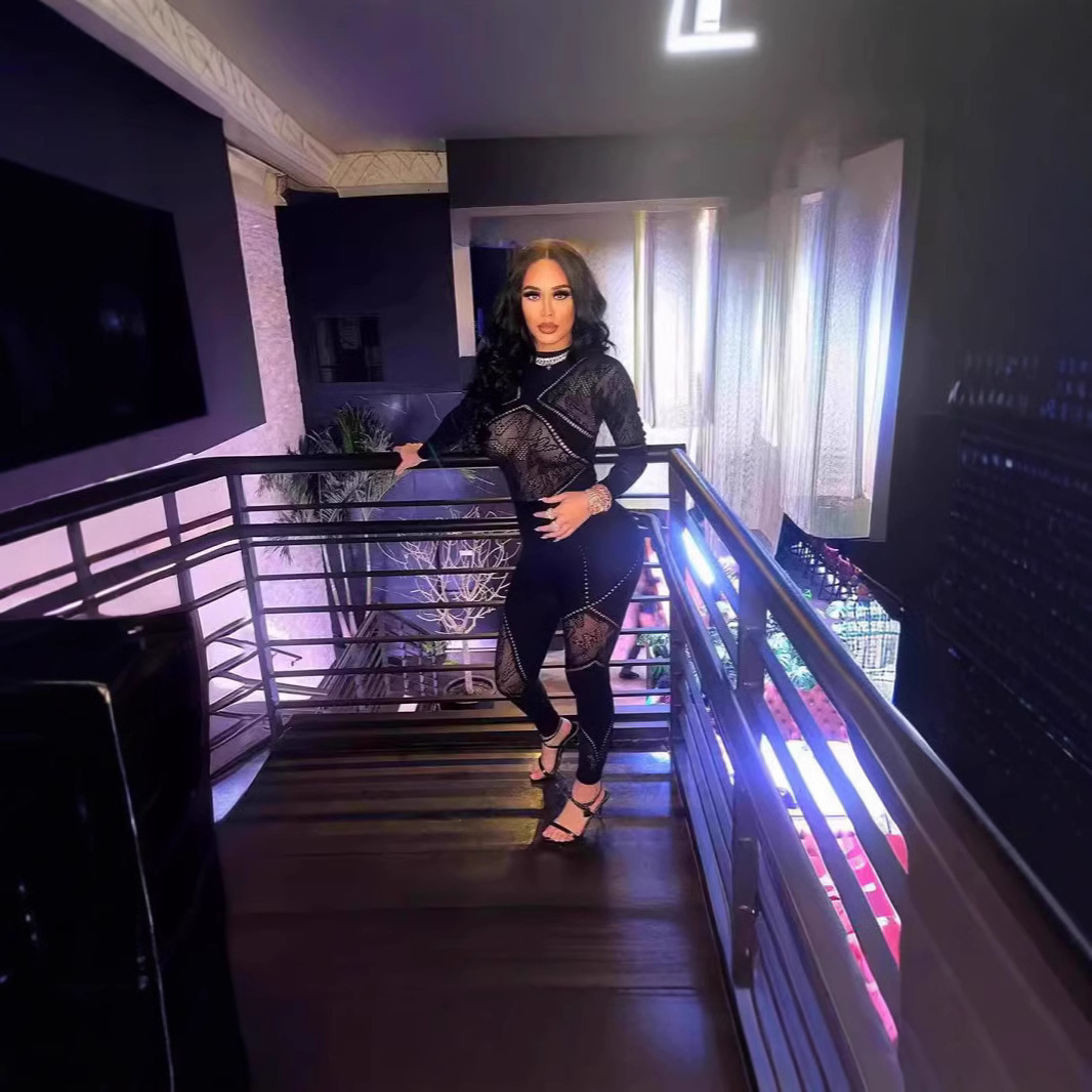 Sexy See Through Mesh jumpsuit womens nightclub party patch work tight long sleeved bodysuit and jumpsuit combination 241125