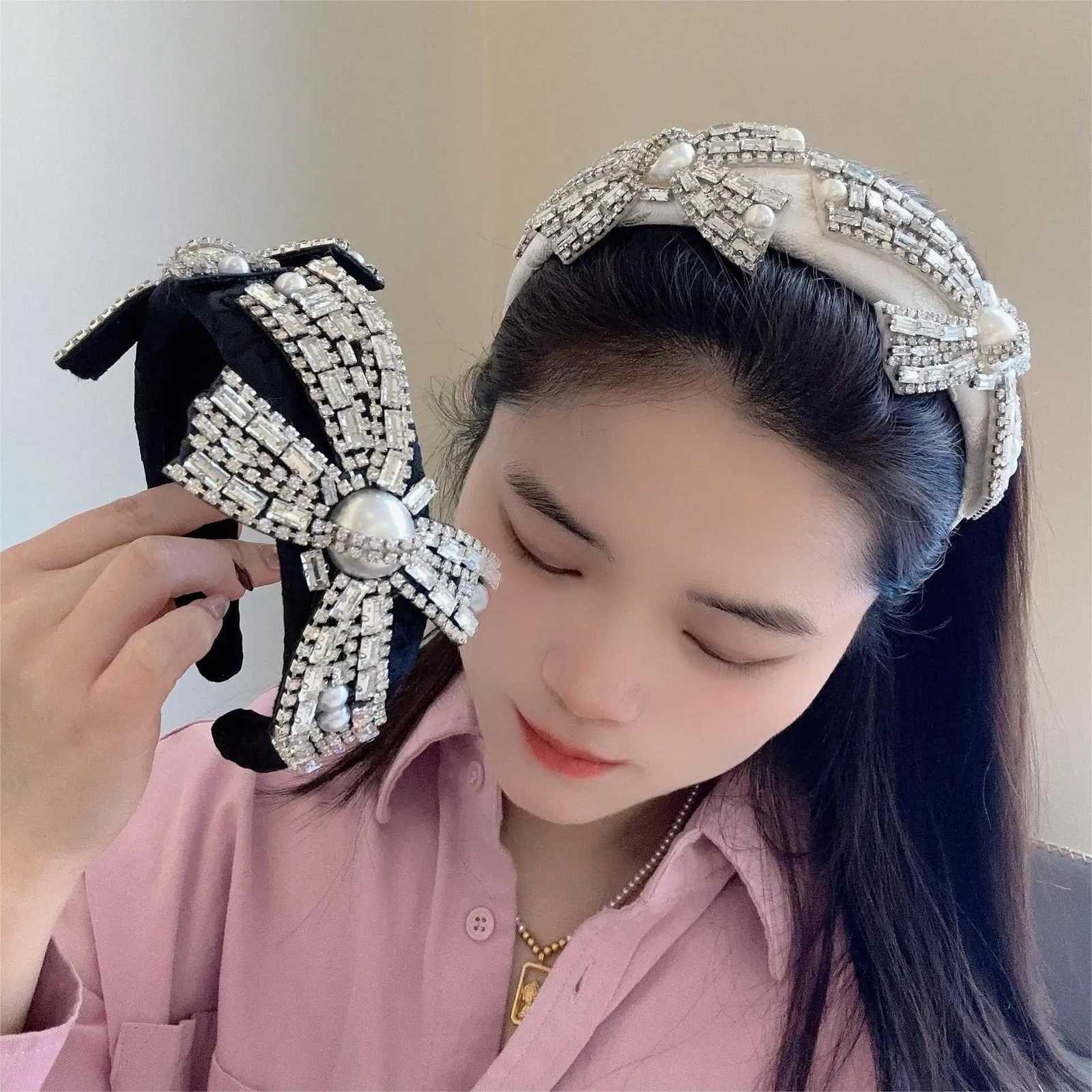 Korean Baroque Fl Diamond Bow Hair Band band High-end Western Style Retro Heavy Pearl Gem Diamond Chain Hair Accories Y251213