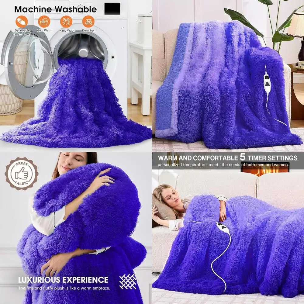 Twin Size Heated Blanket for Women Grandmas - Faux Fur 10 Heat 5 Timer Settings Quick Warm 62x84 Sunset Purple Y251212