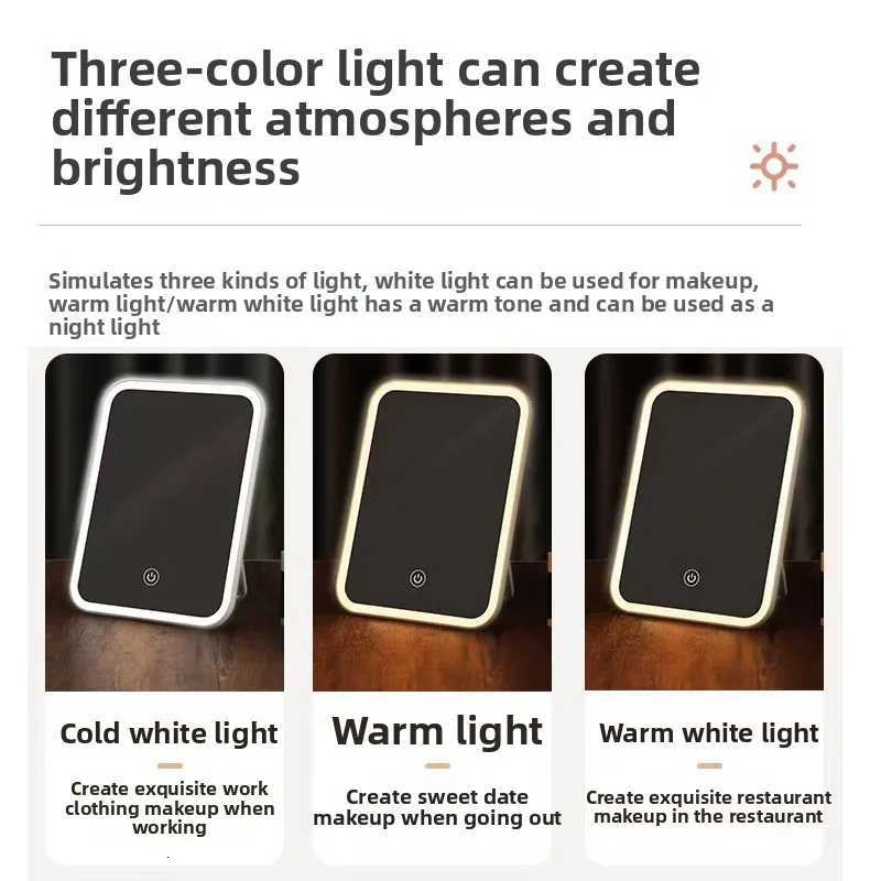 LED Makeup Mirror with Stand Touch Screen 3 Colors Rechargeable Vanity Mirror Portable Tabletop Travel Dimming Cosmetic MirrorT251213