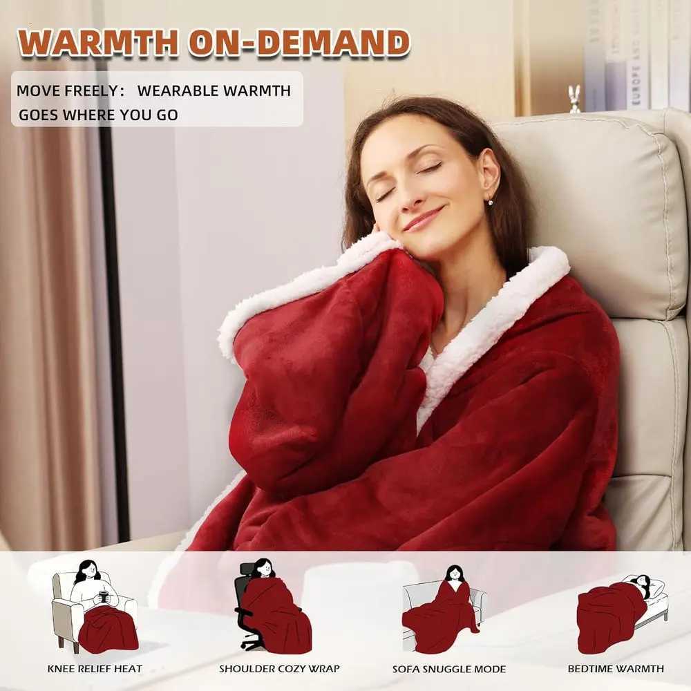 Sleeved Electric Throw Blanket with Foot Pocket 6 Heat Levels 70x50 Plush Flannel Sherpa Wine Red Y251212