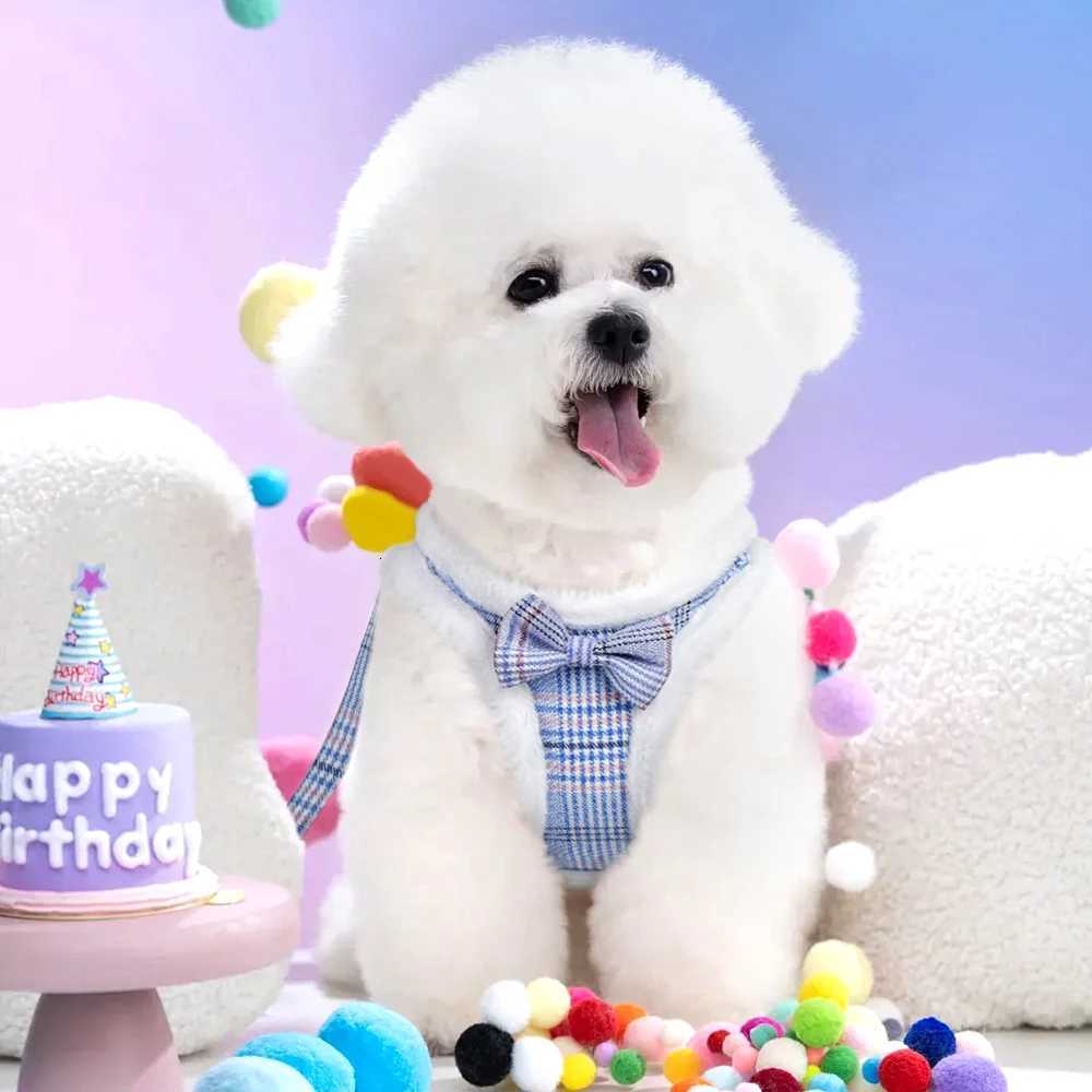 Winter Dog Harness Leash Set Warm Fur Dog Vest And Pet Walking Lead Rope Cute Bowknot Harnesses Soft For Small Medium Dogs Puppy M251213