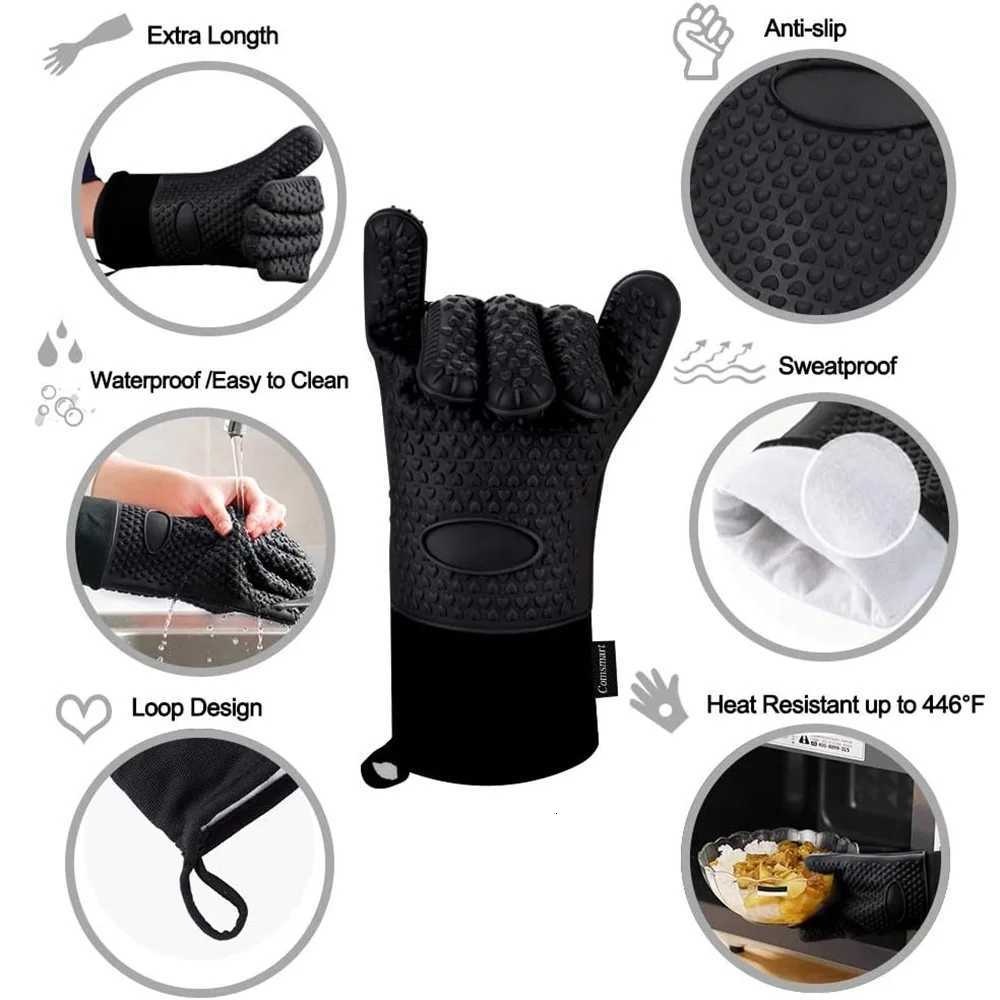 Long Thick Silicone Gloves Heat-resistant Non-slip Microwave Oven Mitts Kitchen BBQ Baking Cooking Canvas ing Oven Gloves H251212