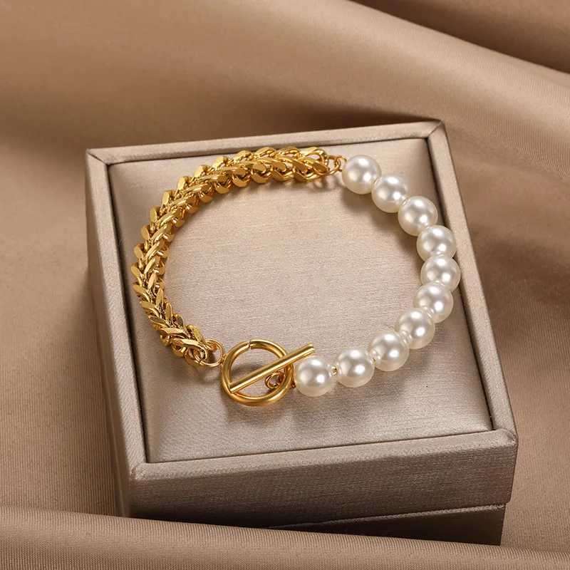 Ins Style Unique Design Feel Personality Cuban Chain Combine Imitation Pearl OT Clasp Stainless Steel for Women M251213