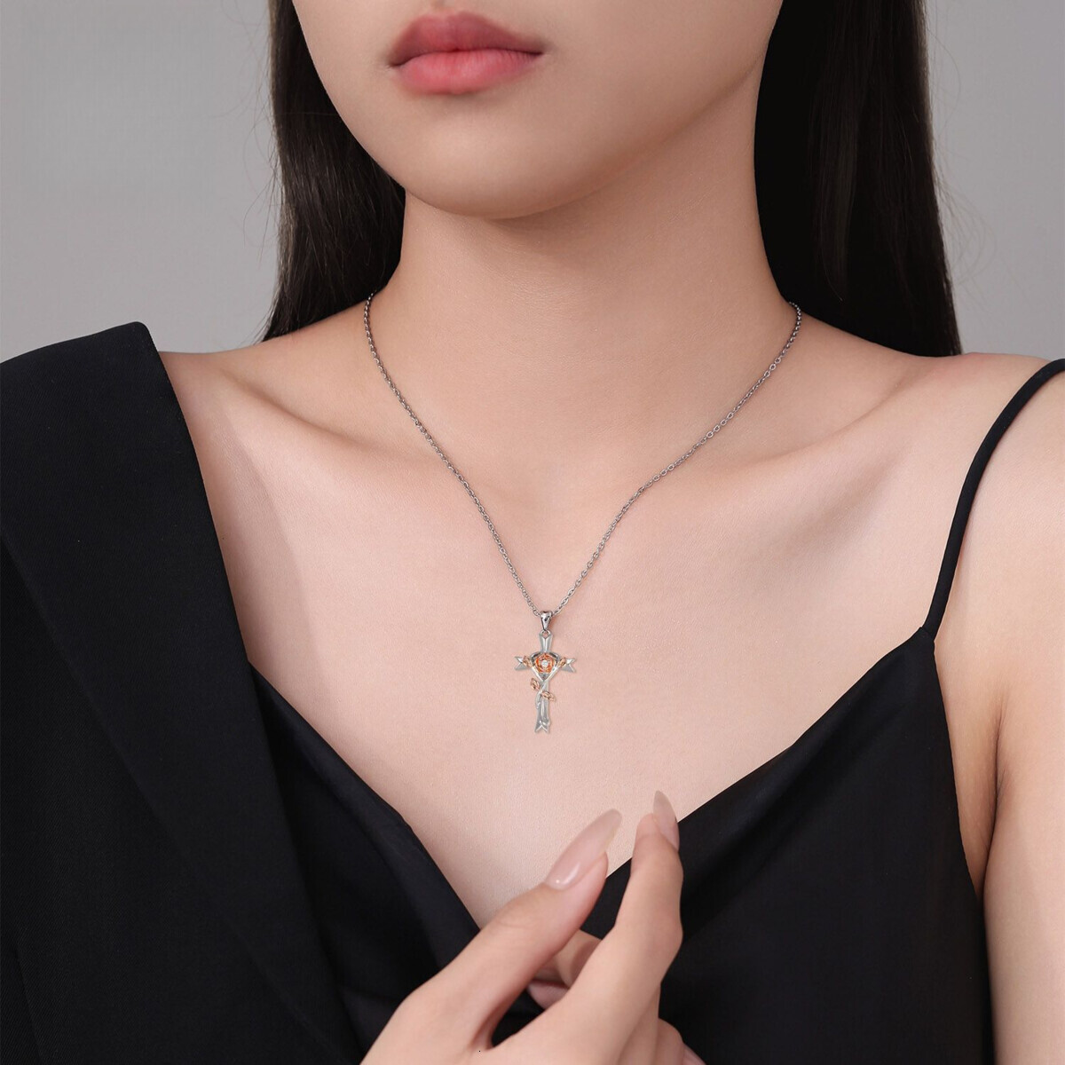 Women's Cross Choker Necklace, Preppy 14K Gold-Plated Rose Flower Pendant, 40 cm Titanium Snake Chain, Gray Acrylic Resin Lucite Cross Jewelry for Eve - view 5