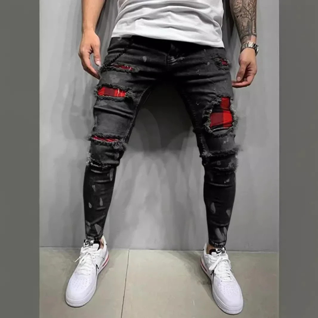 Jeans Pencil Pants Holes Distressed Men Streetwear Denims Patchwork Mid Waist Slim Fit Washed Denim Ankle Length Trousers 251209