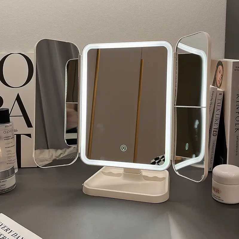 LED makeup mirror desktop with light three fold enlarged internet famous dormitory desktop beauty bedroom dressing mirrorT251213