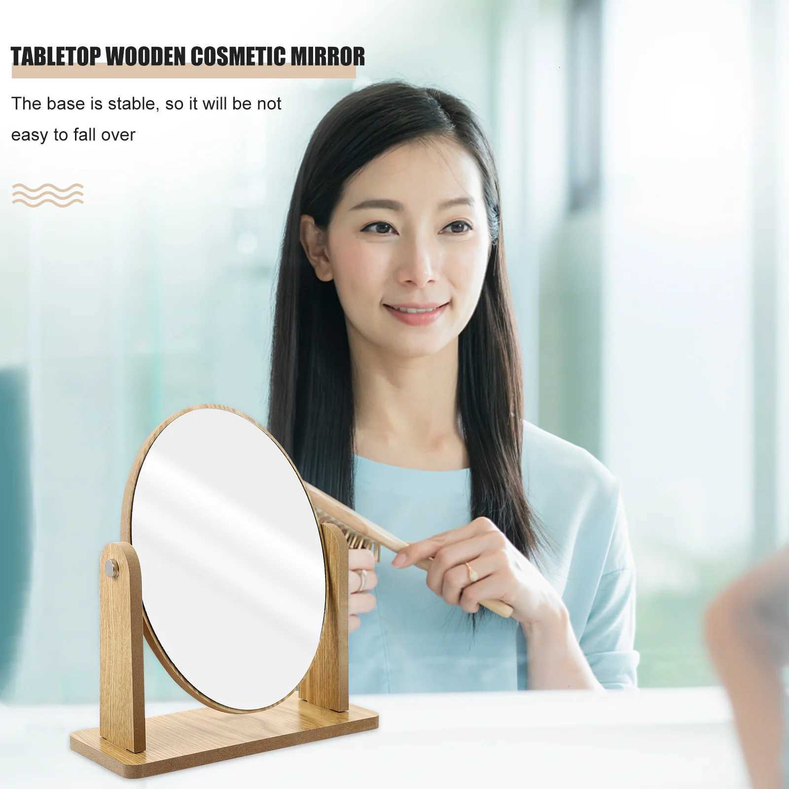 Wooden Swivel Tabletop Vanity For Bathroom Bedroom Dresser Oval Desk Mirror For Women Wood Makeup Mirror Tabletop WoodT251213