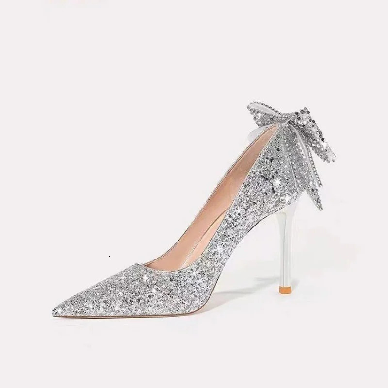 French Wedding Shoes Woman Silver High-heeled Shoes Sequin Dress Pumps Elegant Spring Rhinestone Bow Sweet Crystal Womens Shoes 251209