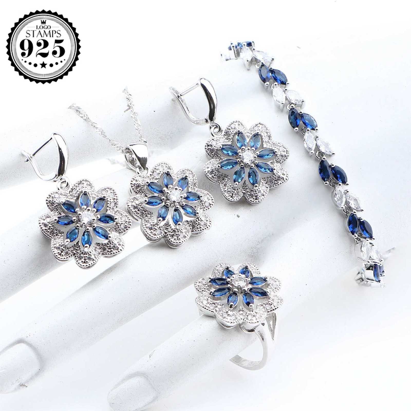 925 Sterling Silver Jewelry Sets Bridal Blue Zircon For Women Wedding Rings Earrings s Pendants Necklace Set M251213