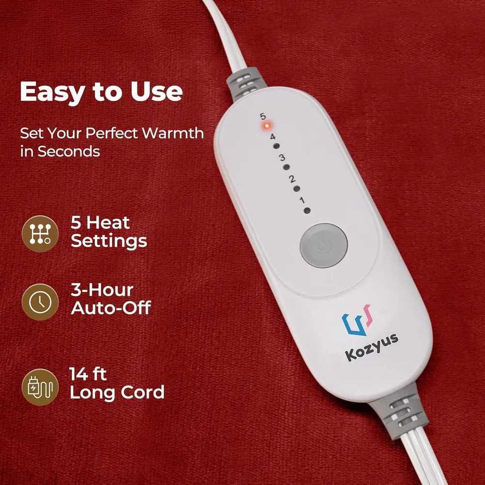 Heated Blanket with Foot Pocket Sleeves 5-Setting Electric Robe Auto-Off Washable 50x70 Red Y251212