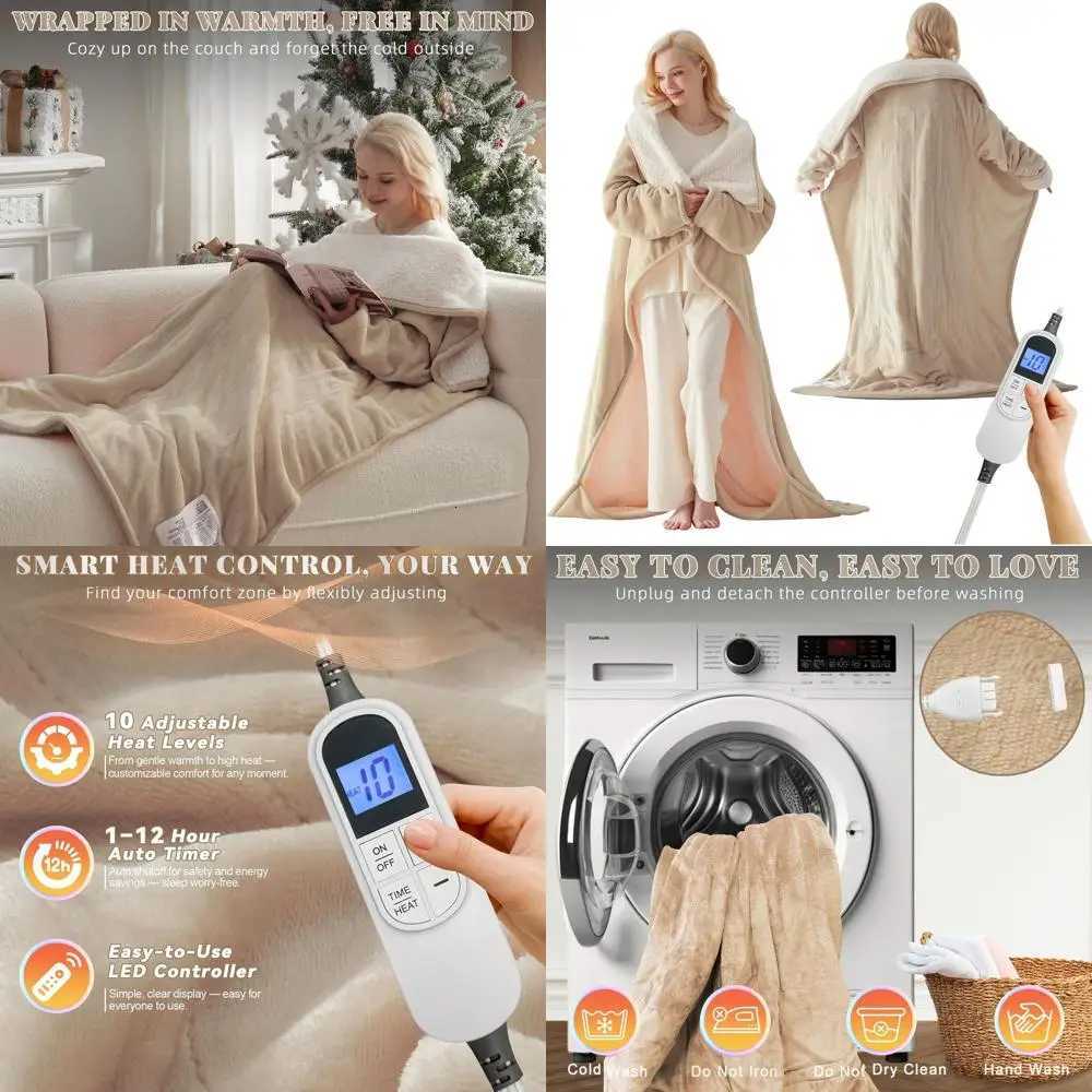 Wearable Electric Blanket with Foot Sleeve Pockets 10-Setting Heated Flannel Sherpa Throw Auto-Off 50x70 Beige Y251212