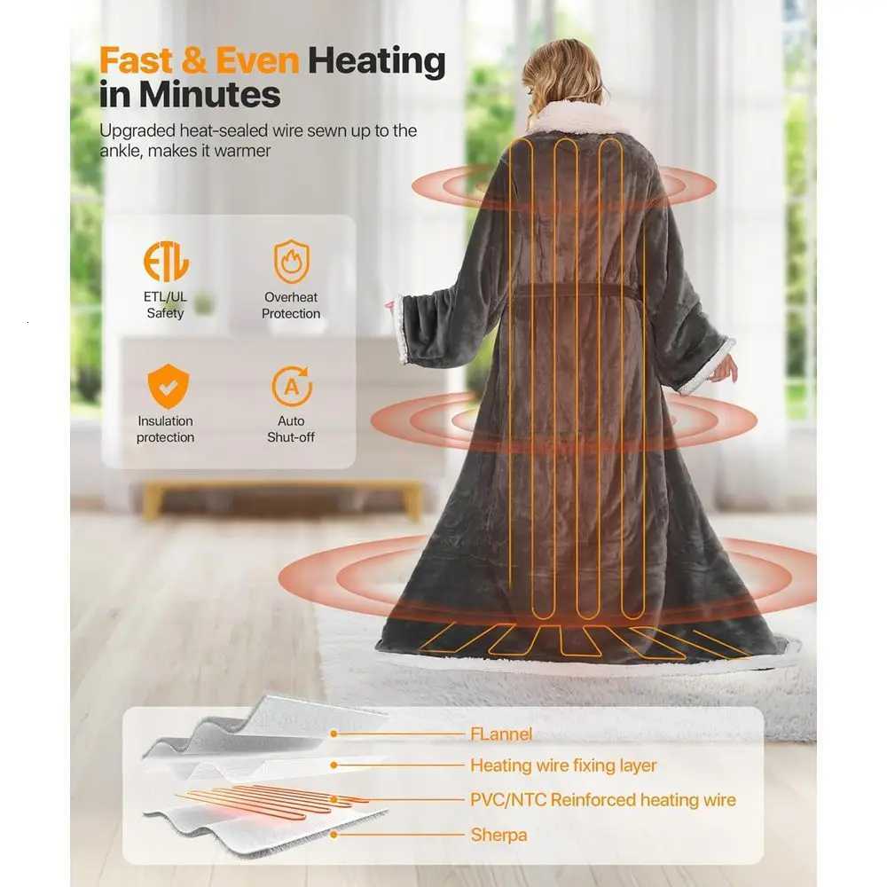Wearable Electric Blanket with Foot Pockets and Sleeves 8 Heat Levels Timer for Women 50x60 Flannel Sherpa Robe Y251212