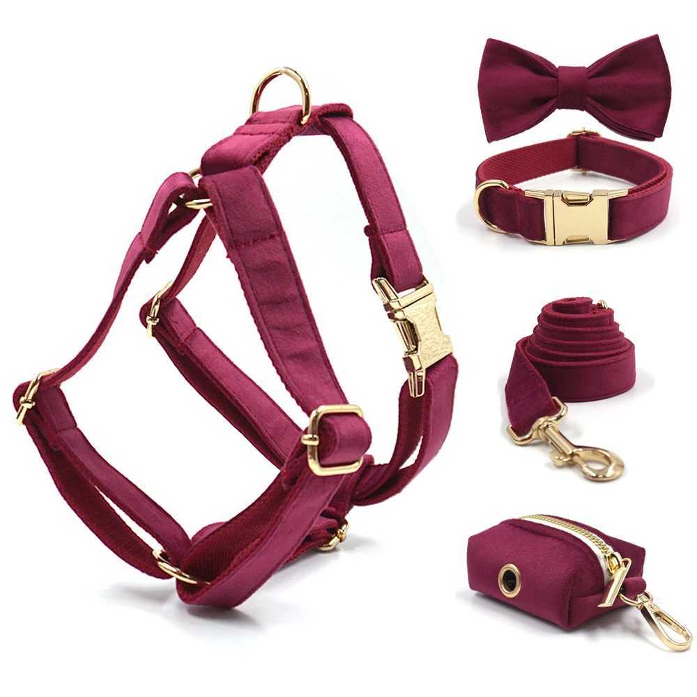 Burgundy Velvet Dog Collar Personalized Thicken Metal Buckle Pet Harness Bow Tie Collar Leash Set with Poop Bag Luxury Dog Gift M251213