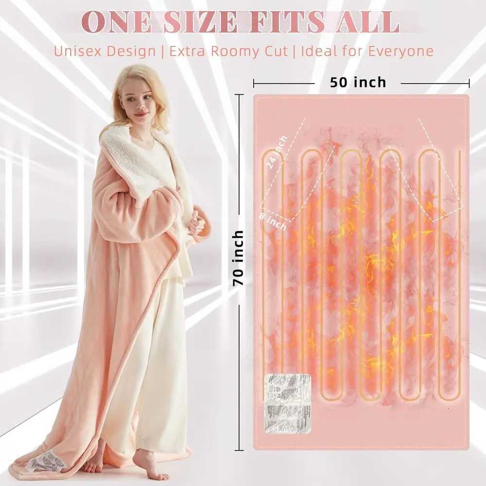 Wearable Electric Blanket with Foot and Sleeve Pockets 10 Heat Settings Auto-Off 50x70 Pink Flannel Sherpa Throw Y251212